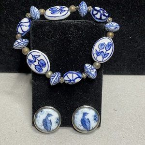 Delft Pottery Paradise Birds Clip on Earrings and Aynsley Ceramic bracelet